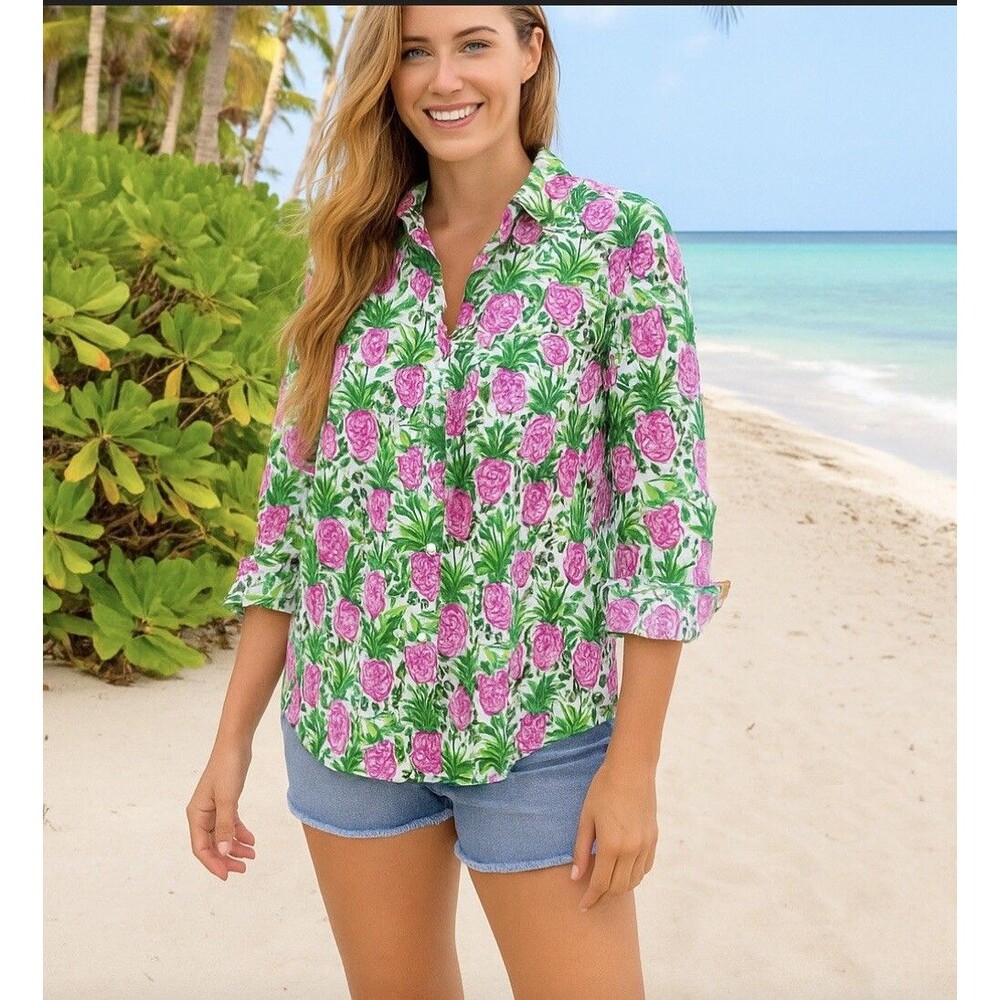 Pineapple Print Linen Blouse Womens M Green Pink Coastal Euro Summer Top Beach